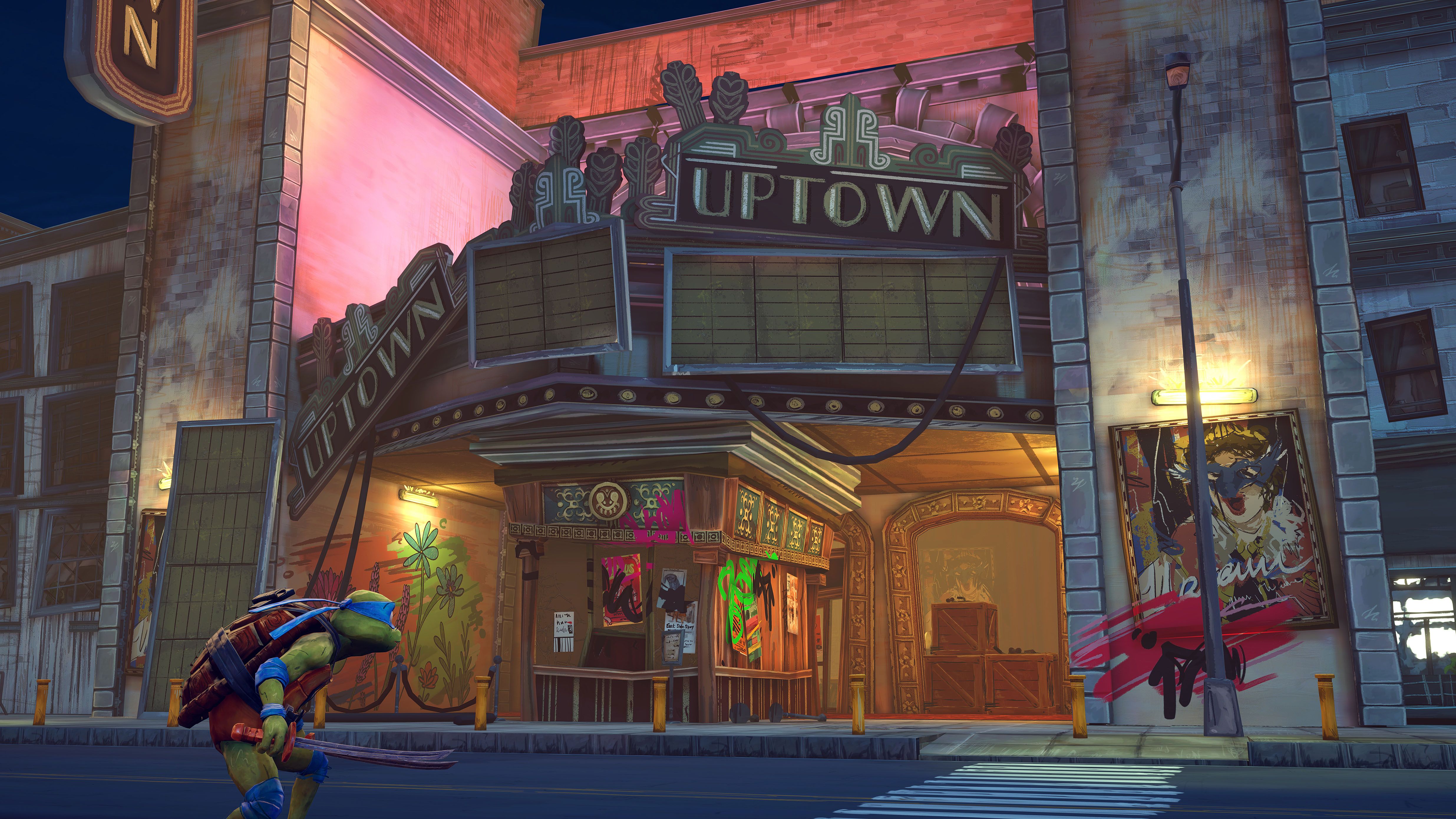 A screenshot of Leonardo patrolling the New York City streets in TMNT: Mutants Unleashed.