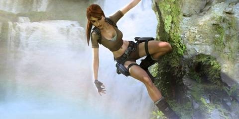 Lara Croft hanging on a cliff face in Tomb Raider: Legend.