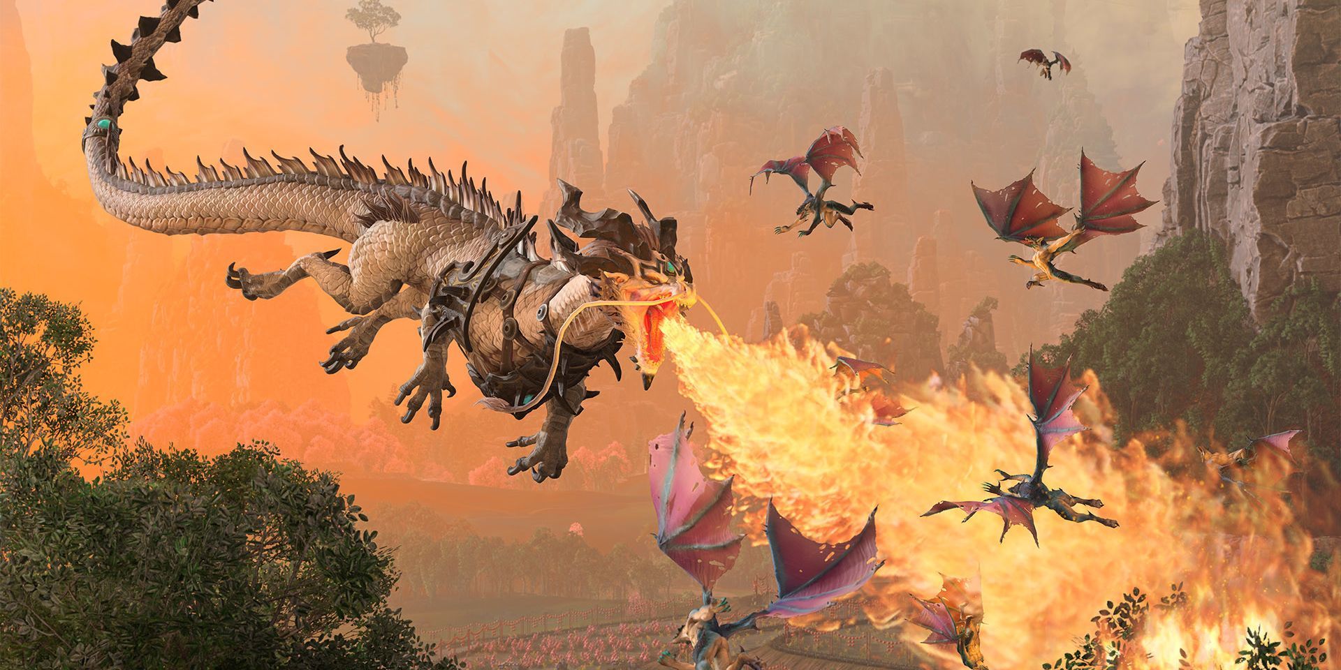 A flying snake breathing fire from Total War Warhammer 3