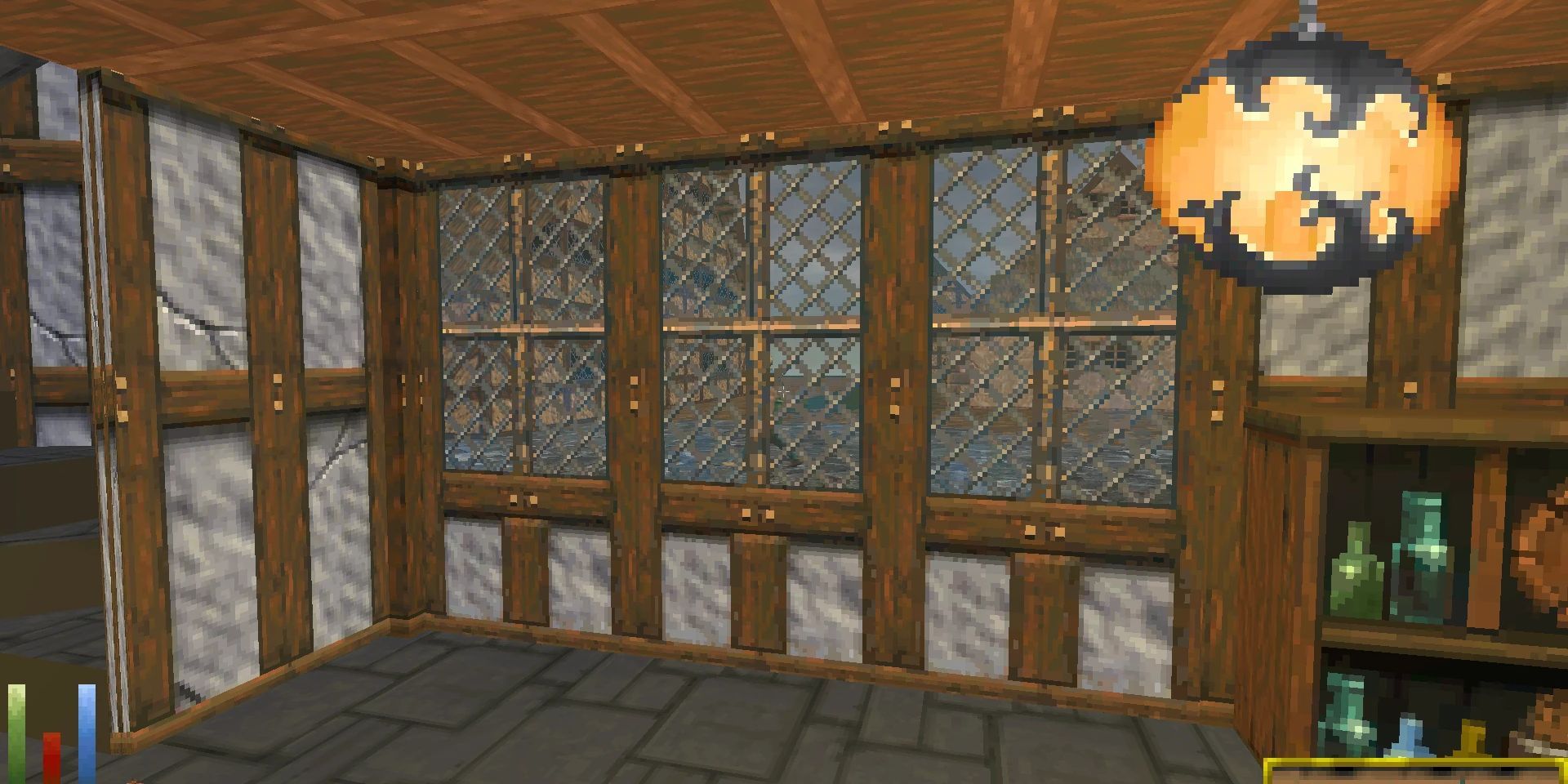 A set of windows made transparent by Transparent Windows in Daggerfall Unity 