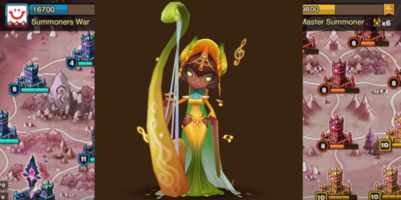 Harpist Triana from Summoners War against a background from the game.