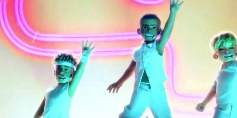 The band members of 4 Town dancing in Turning Red