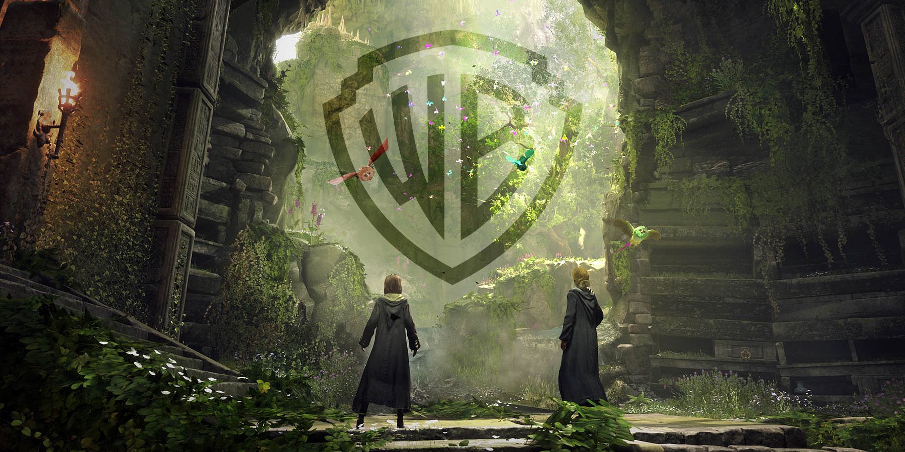 Two Hogwarts Legacy characters looking out at a Warner Bros Games logo