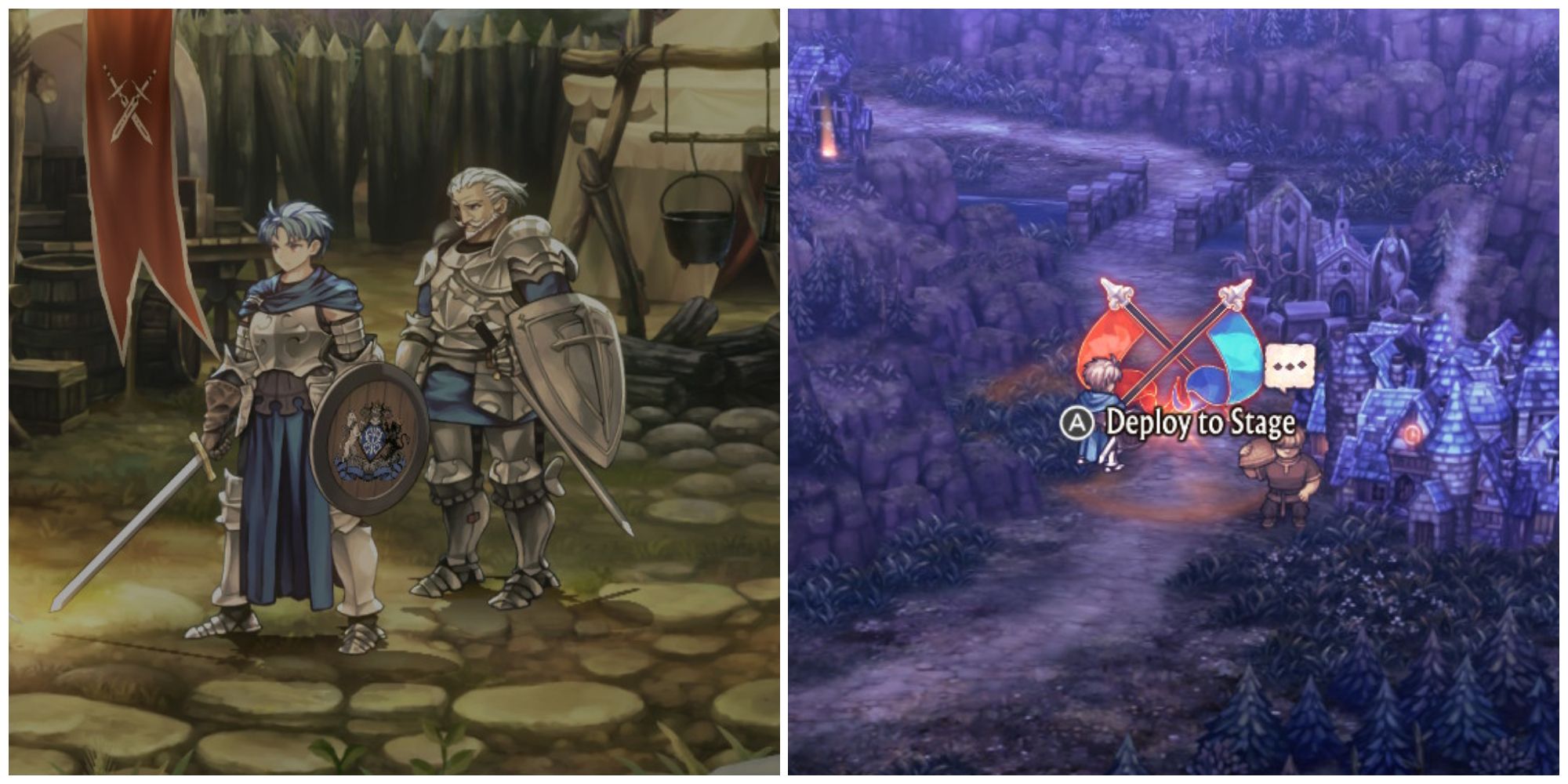 Split image of Alain and Josef in a cutscene and Alain about to begin a stage in Unicorn Overlord