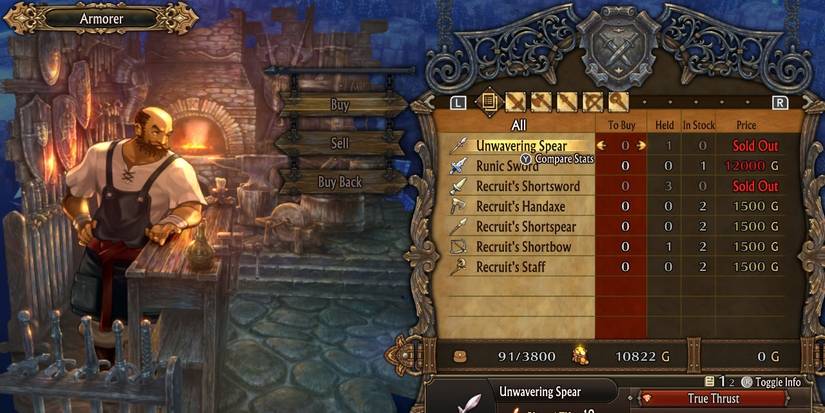 Image of the purchasable items at the Armorer in Unicorn Overlord