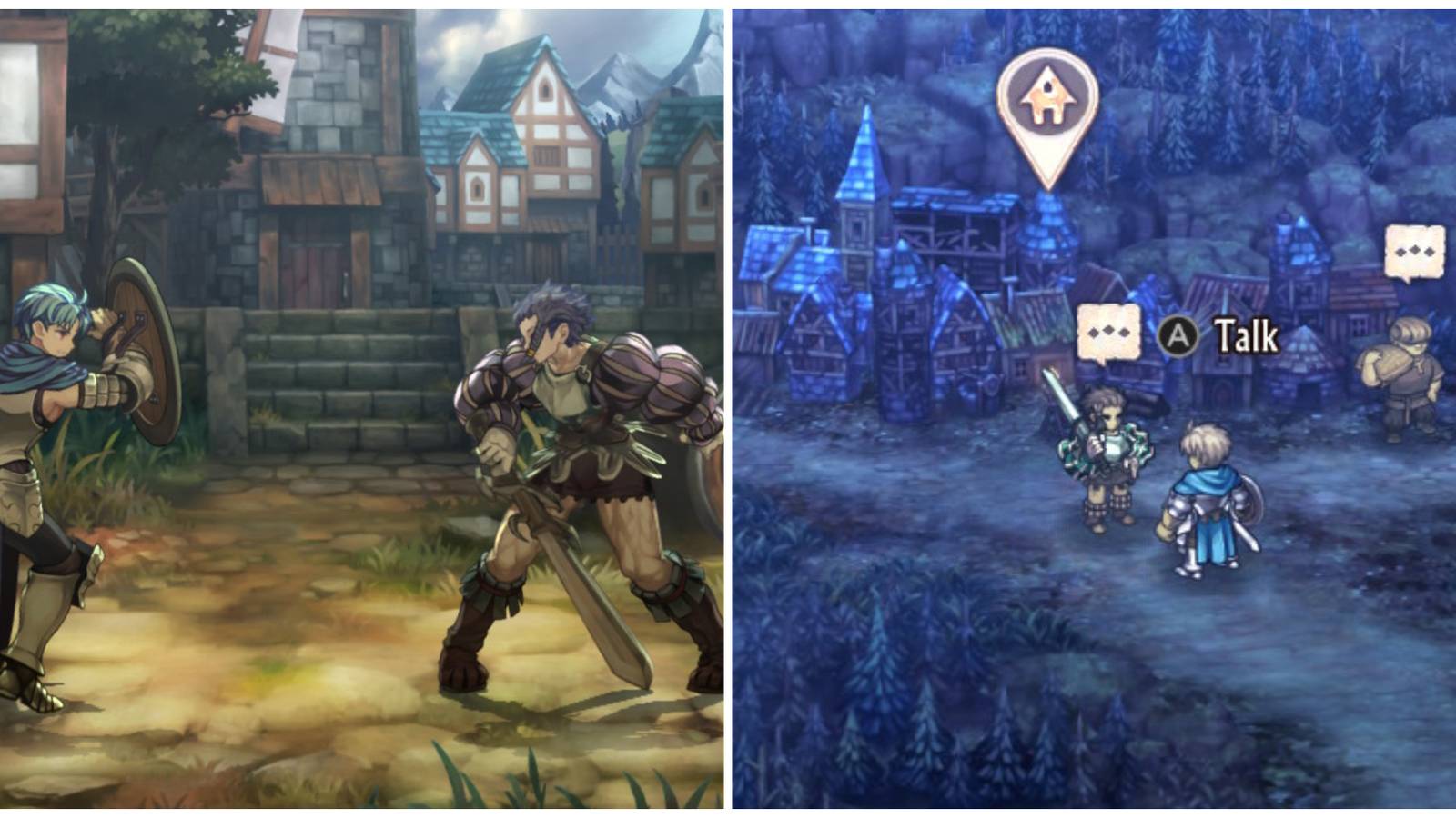 Split image of Alain and Berenice during a cutscene and Berenice in front of Lis de Prairie town in Unicorn Overlord