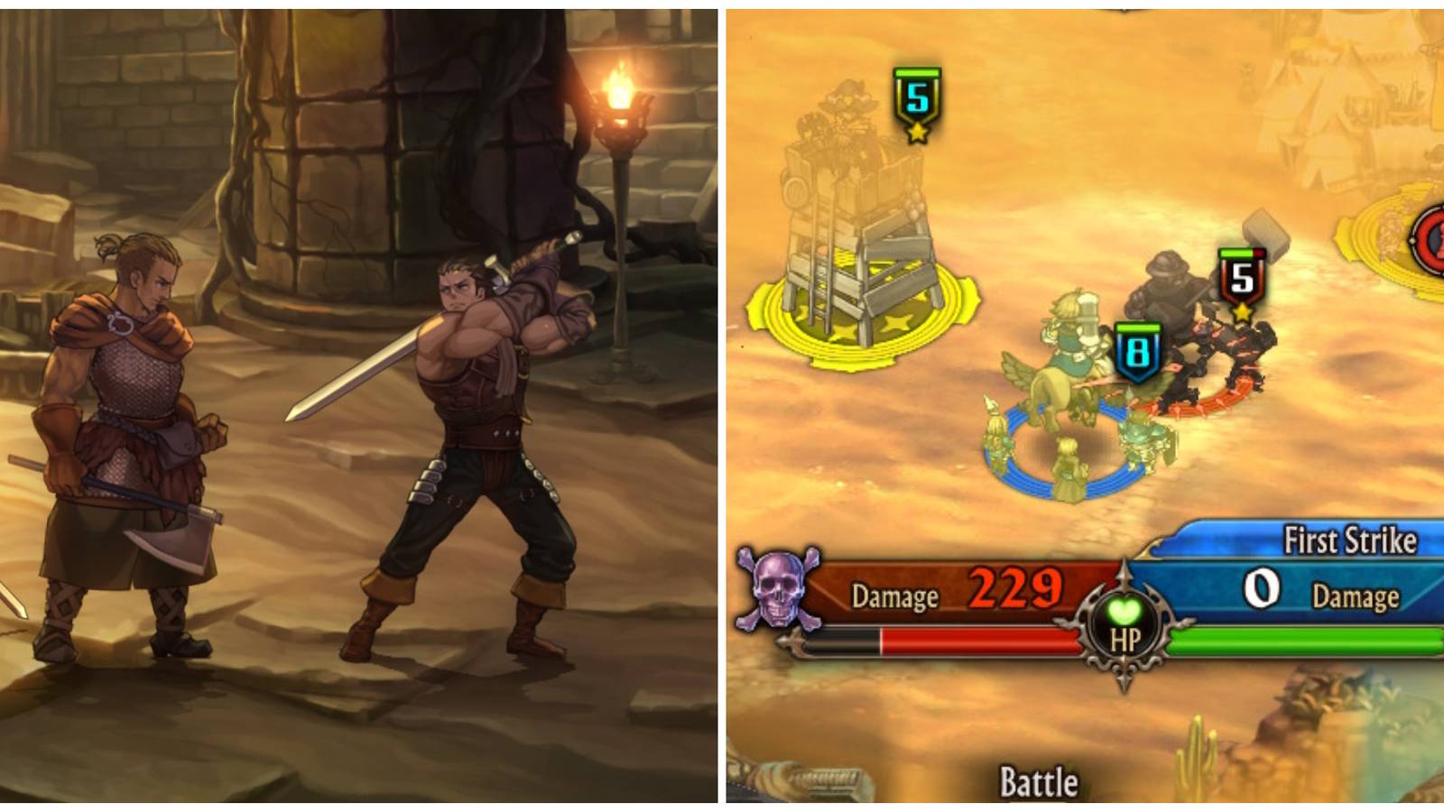 Split image of a cutscene with Aubin and Magellan and a battle in the Beyond the Swirling Sands quest in Unicorn Overlord