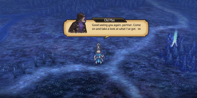 Image of the Black Market Trader opening his shop to Alain in Unicorn Overlord