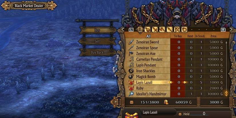 Image of the items available at the Black Market Trader in Unicorn Overlord