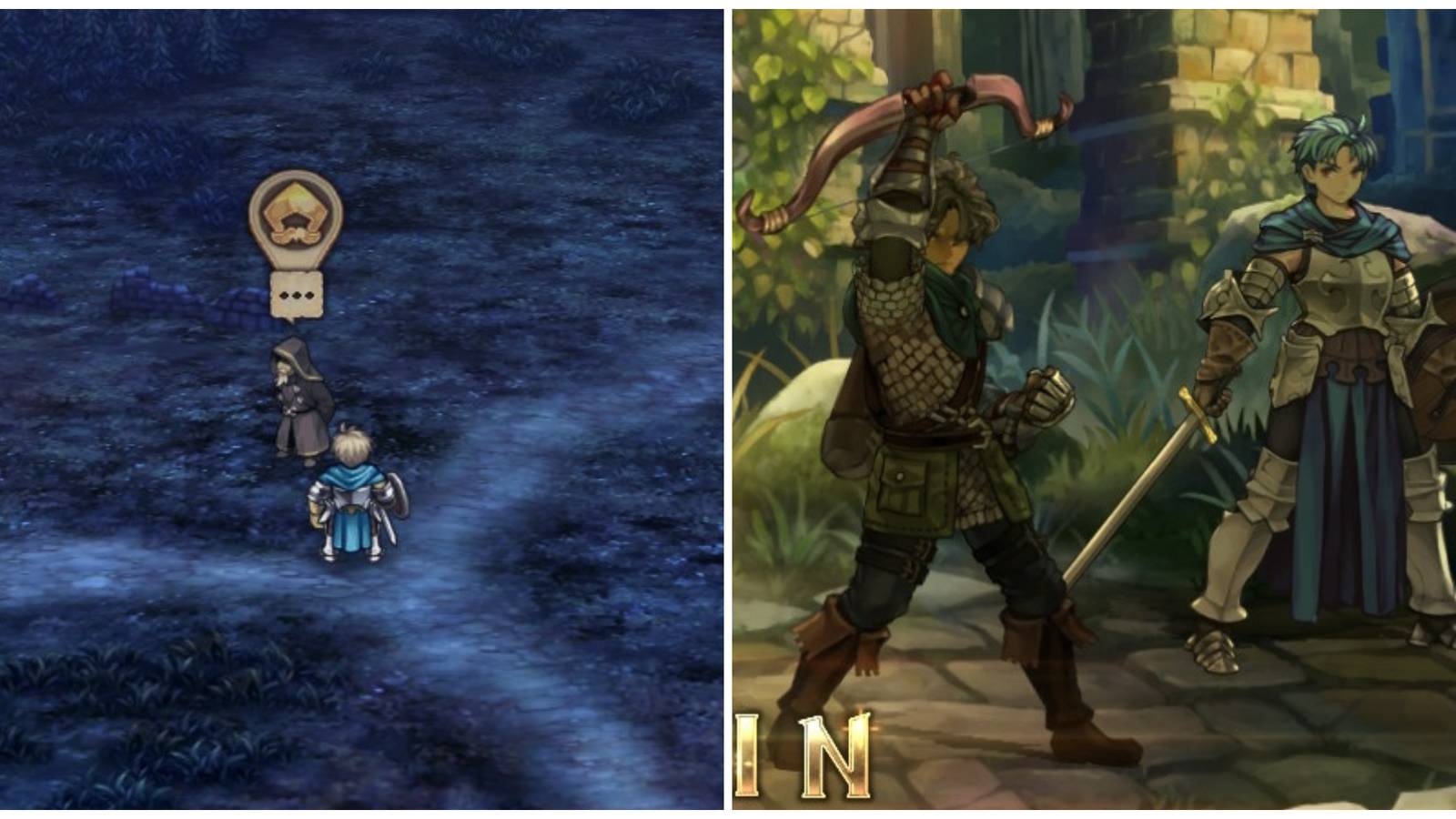 Split image of the Black Market Trader secret shop and Alain in battle in Unicorn Overlord