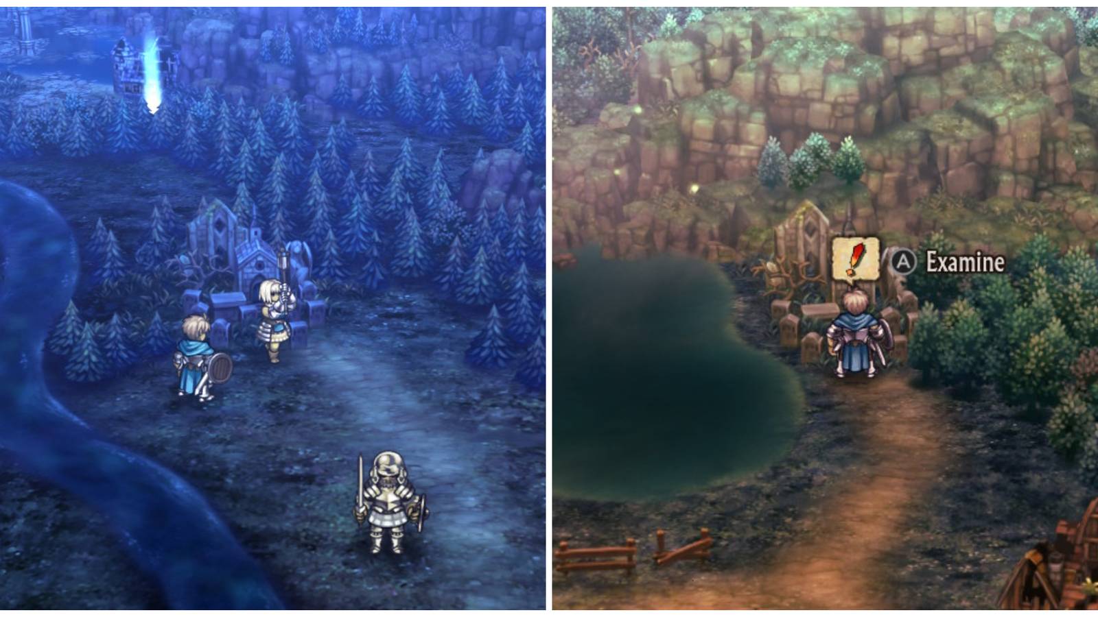 Split image of Sharon visiting a cemetery with Alain, and Alain outside another cemetery in Unicorn Overlord