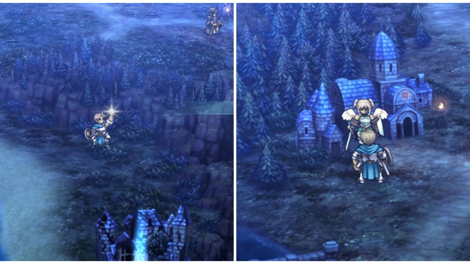 Split image of Alain with a Divine Shard and Alain visiting Ochlys in Unicorn Overlord