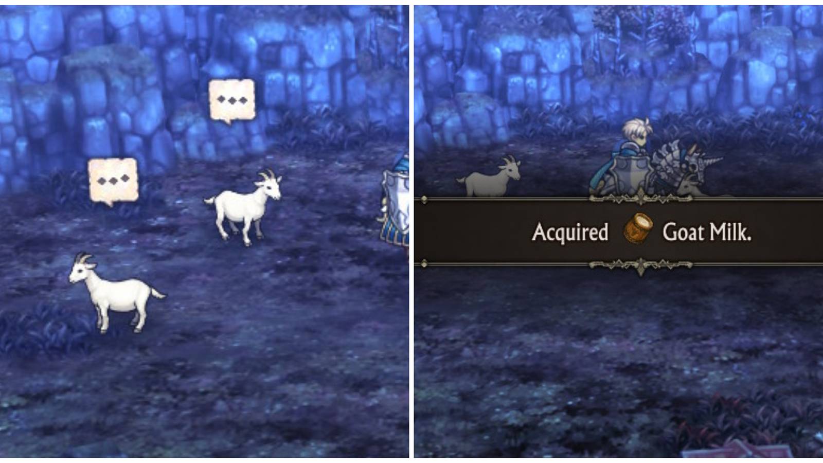 Split image of wild goats and Alain obtaining goat milk in Unicorn Overlord
