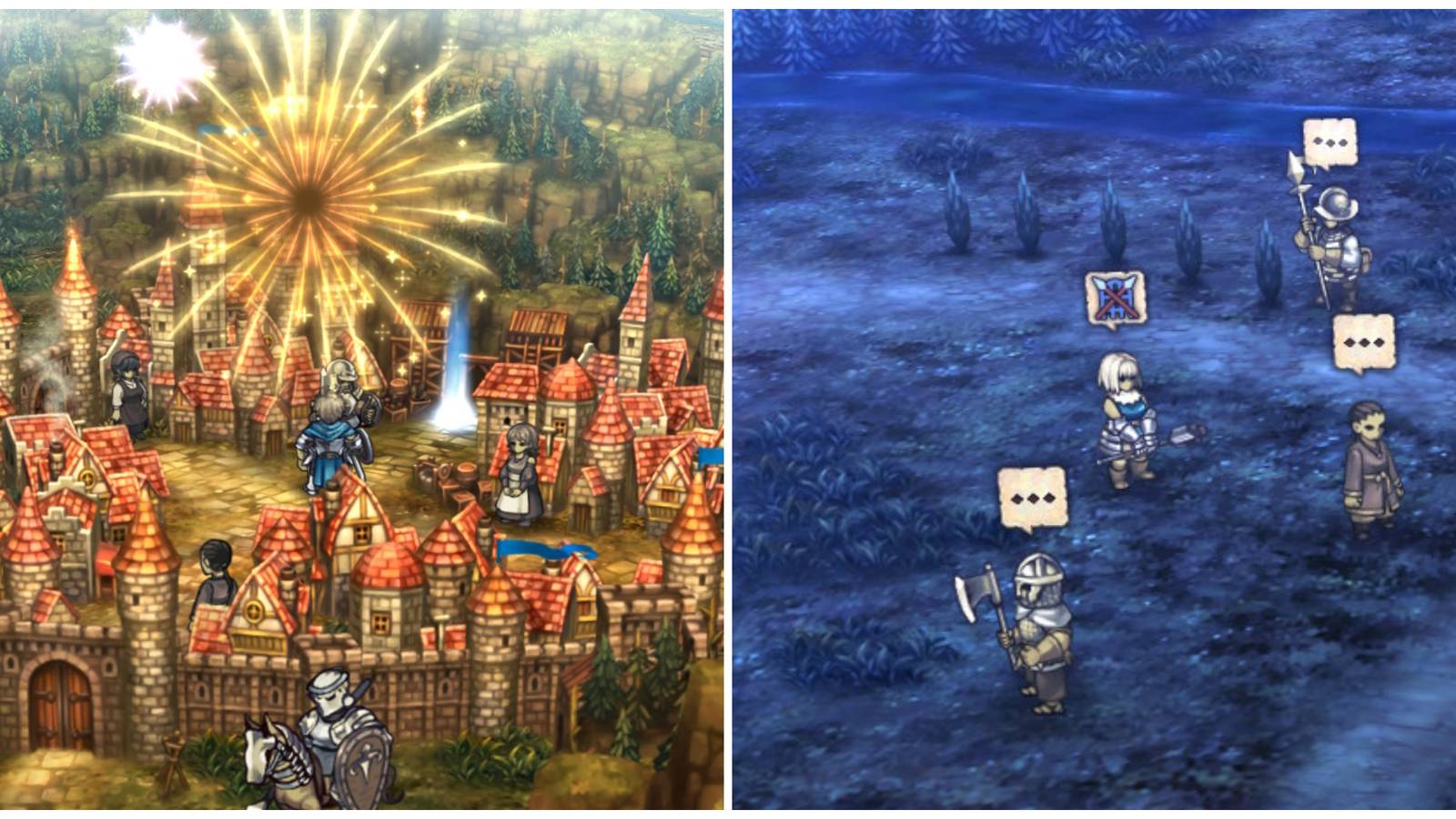 Split image of a town after being restored and Sharon stationed as a guard in Unicorn Overlord