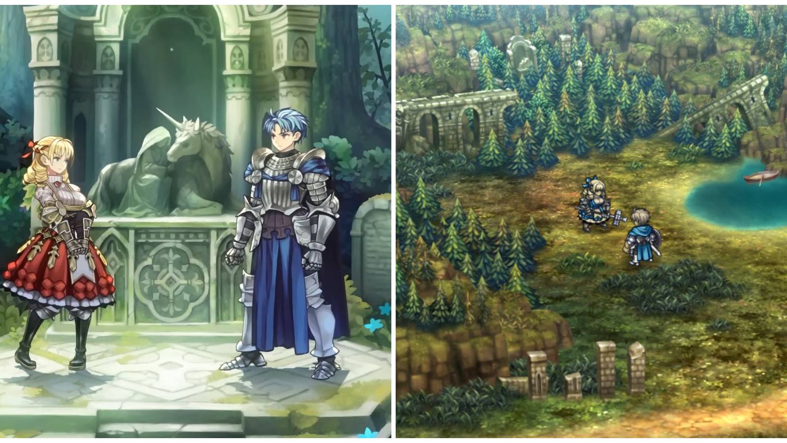 Split image of Alain marrying Scarlett and Alain and Scarlett in a Rapport Conversation in Unicorn Overlord