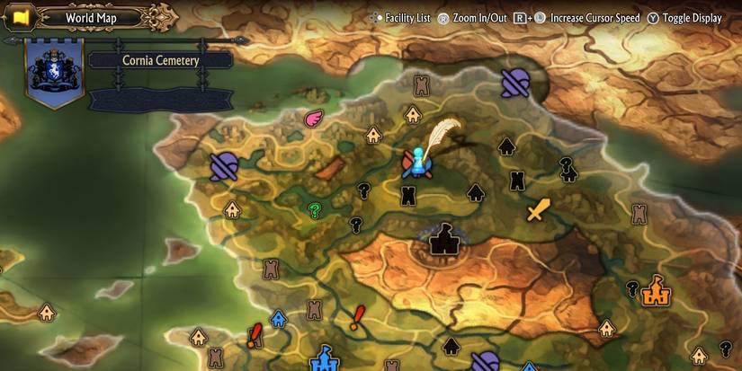 Image of the location on the map of the Oevuille Town cemetery in Unicorn Overlord