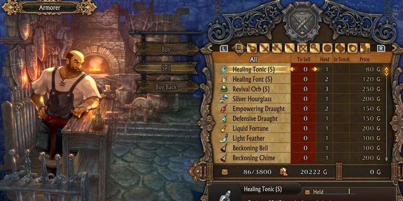 Image of items being sold at the Armorer in Unicorn Overlord