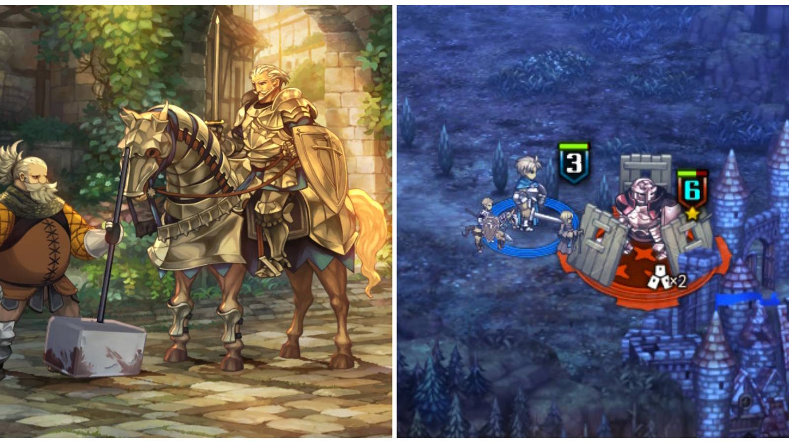 Split image of Mordon in a cutscene with Josef and Alain's unit attacking a Mantlet in Unicorn Overlord