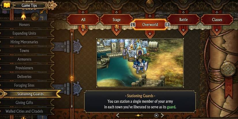 Image of stationing guards under the Game Tips section in Unicorn Overlord
