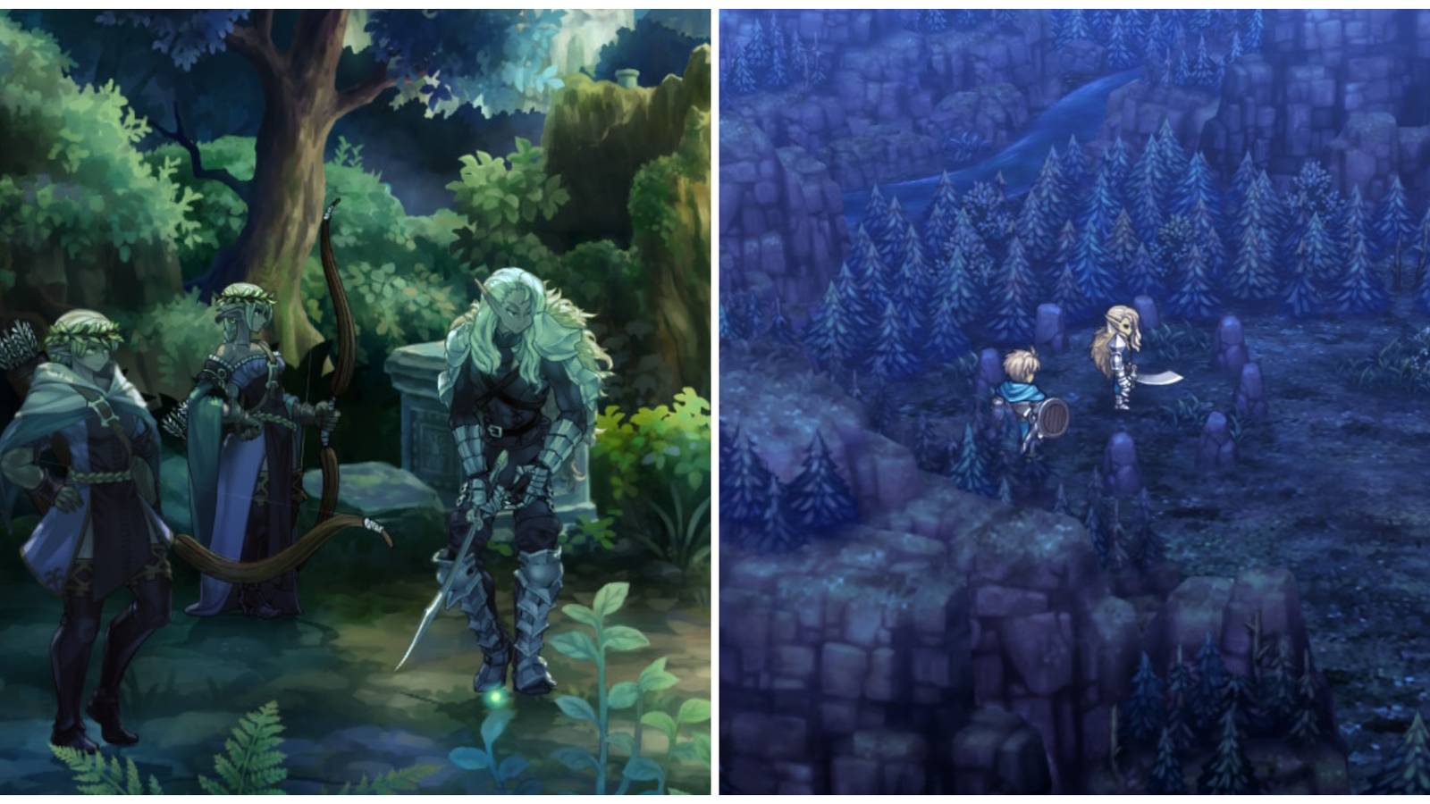 Split image of Ithilion in a cutscene and inspecting a stone circle in Unicorn Overlord