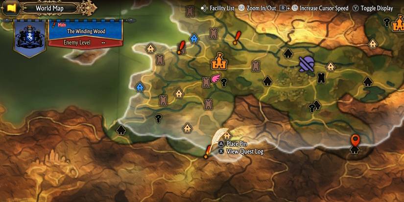 Image of the location on the map of The Winding Wood quest in Unicorn Overlord