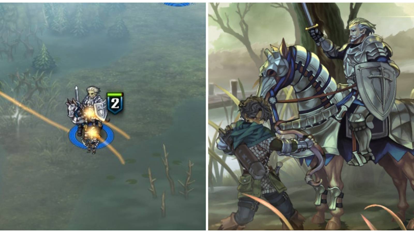 Split image of a unit restoring Valor Points and a unit after winning a battle in Unicorn Overlord