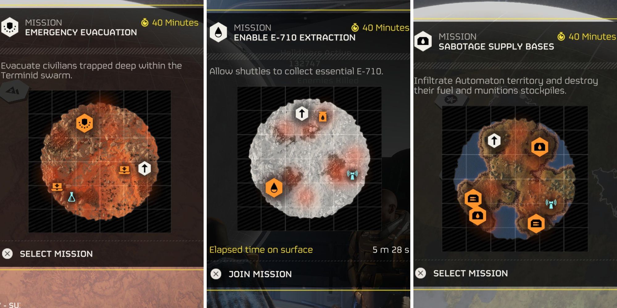 A grid of different missions in Helldivers 2