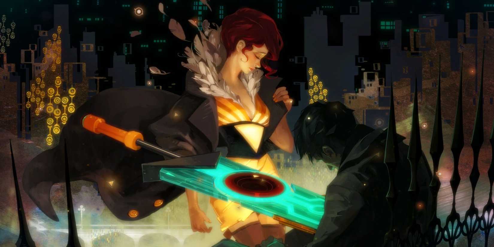 A woman stabbing a man in Transistor