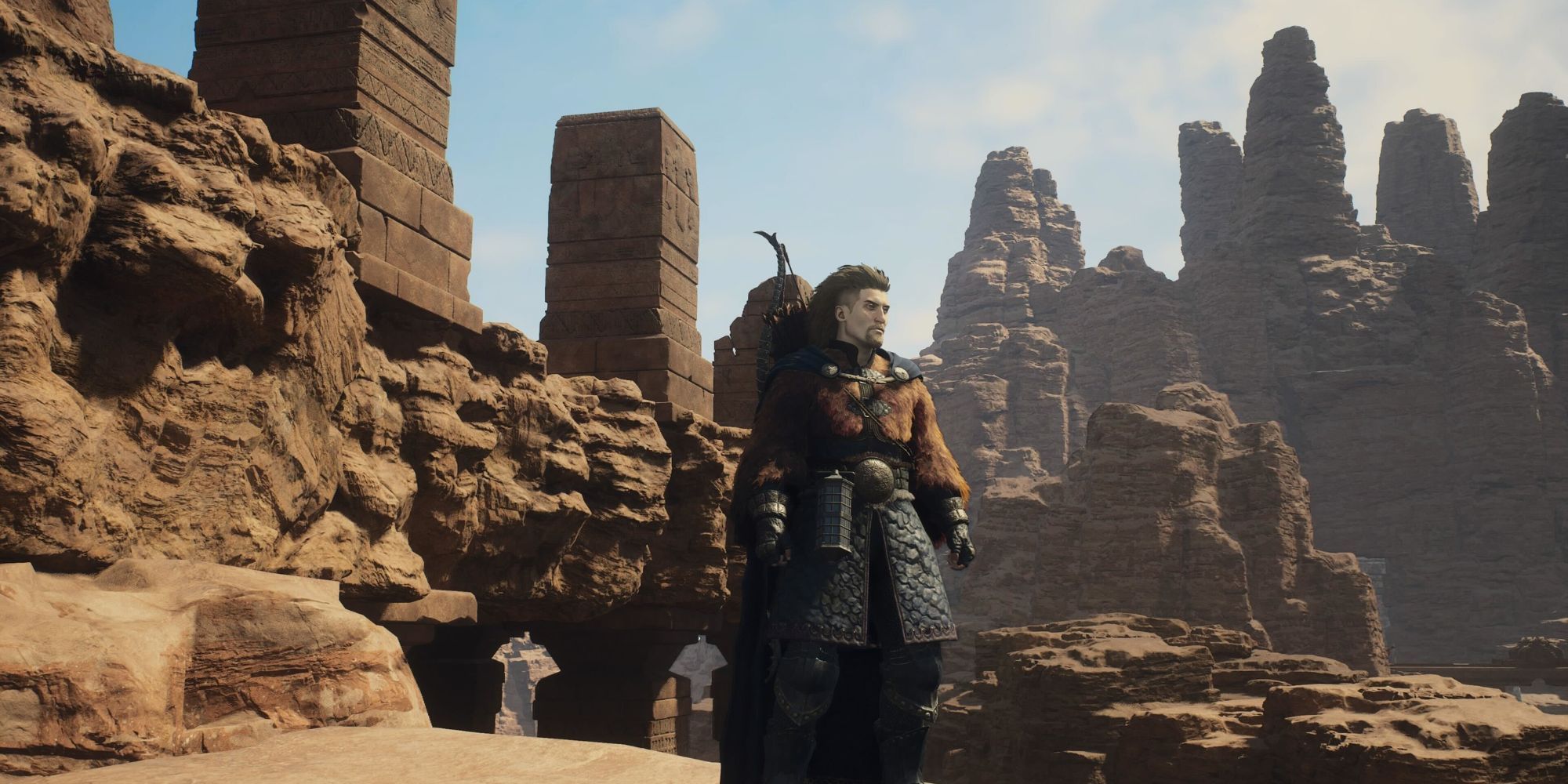 A Dragon's Dogma 2 player standing with a rocky backdrop behind them