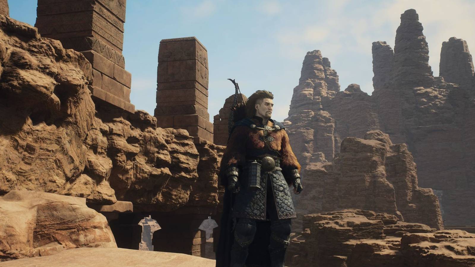 A Dragon's Dogma 2 player standing with a rocky backdrop behind them