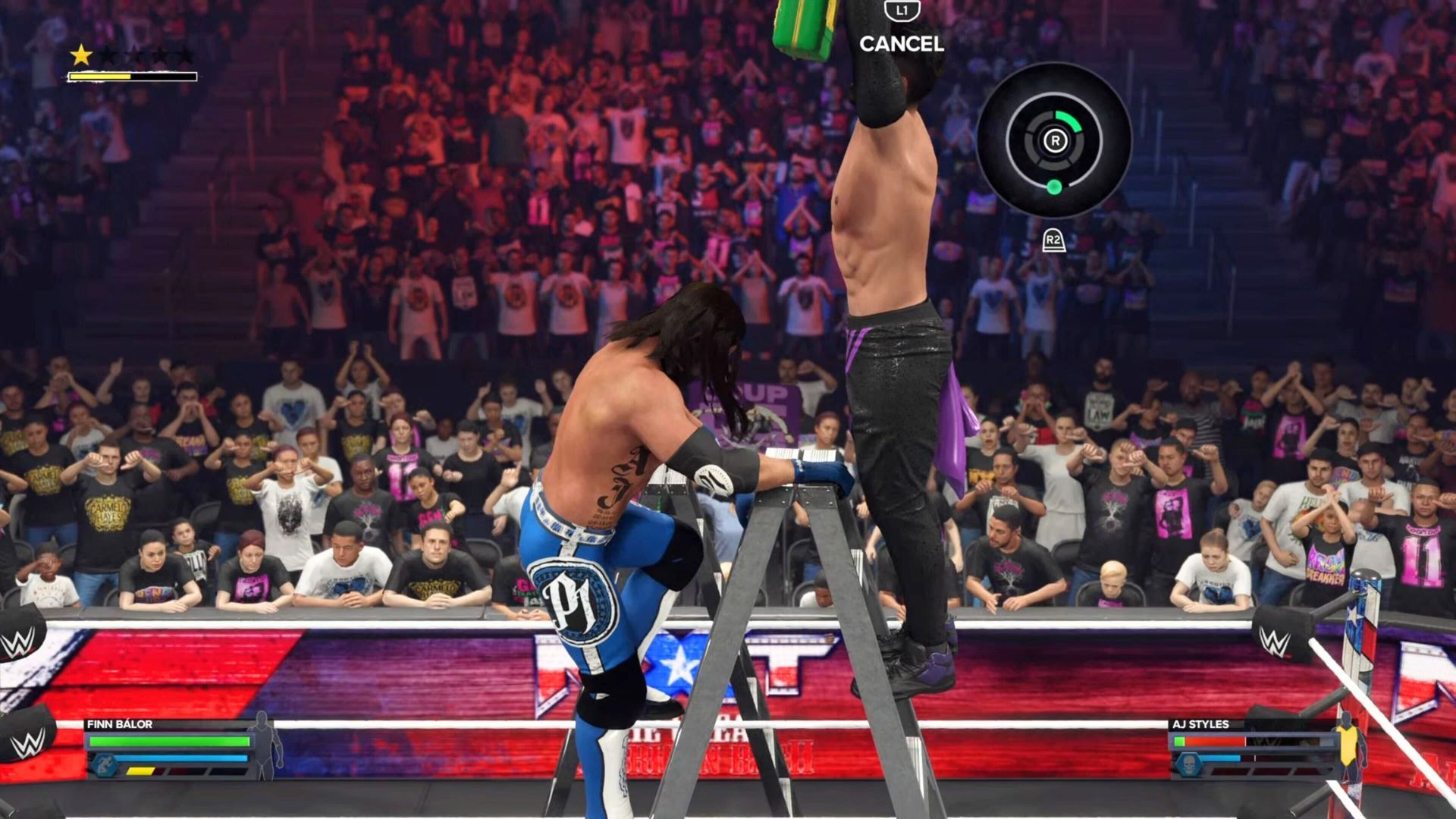 AJ Styles and Finn Balor atop a ladder in WWE 2K24 - How to Win a Ladder Match in WWE 2K24