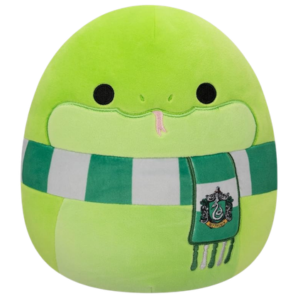 This image shows a snake plush wearing a Slytherin scarf.