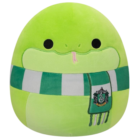 This image shows a snake plush wearing a Slytherin scarf.