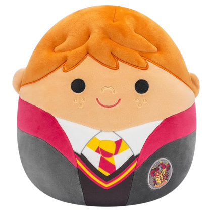 This image shows a Ron Weasley round Squishmallow in his Hogwarts robes