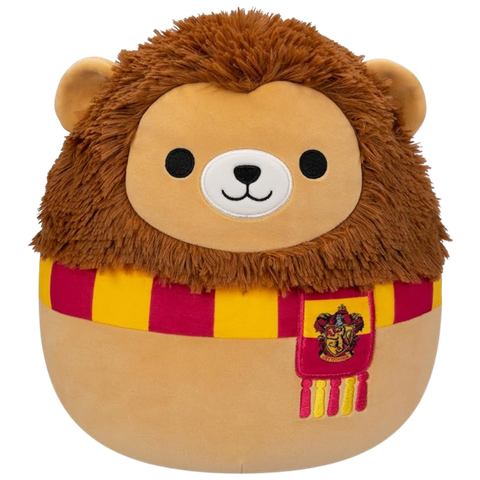 This image shows a lion plush wearing a Gryffindor scarf