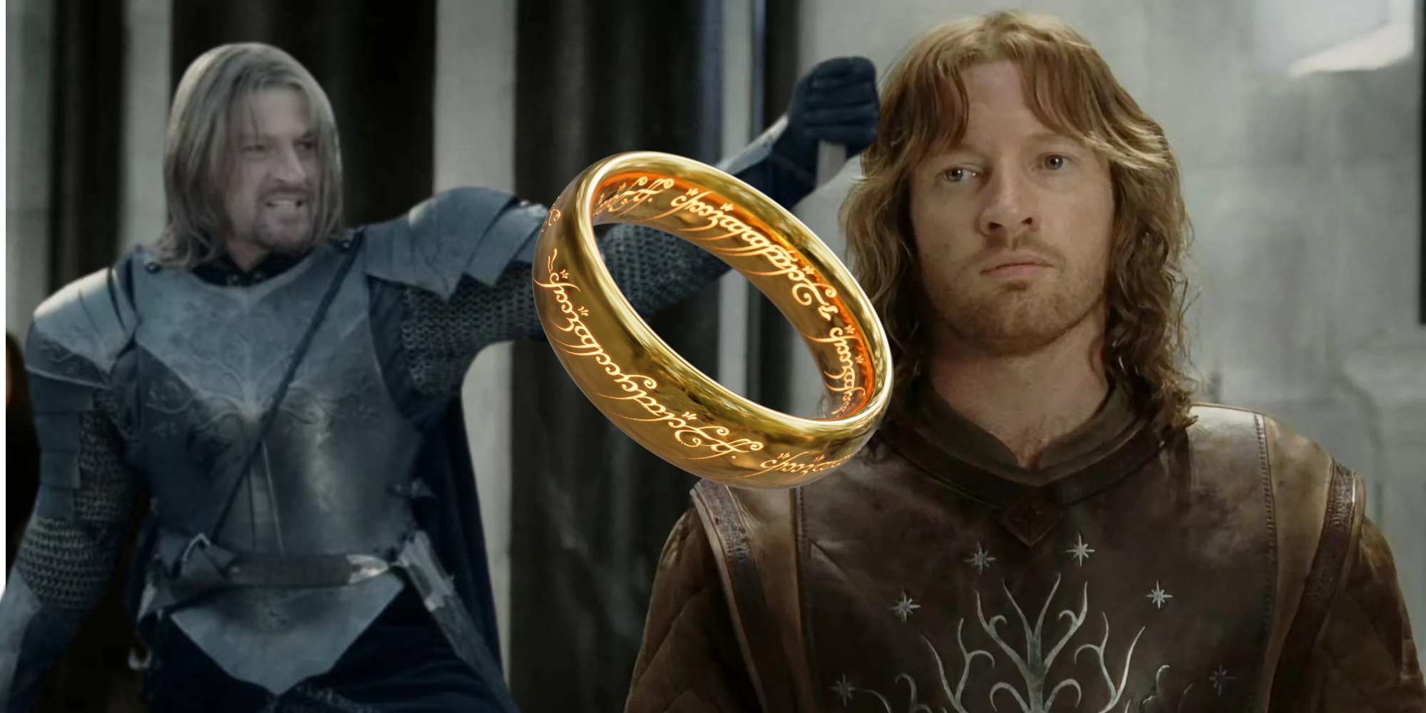 A feature image of Boromir raising his arm and Faramir with the One Ring in the center