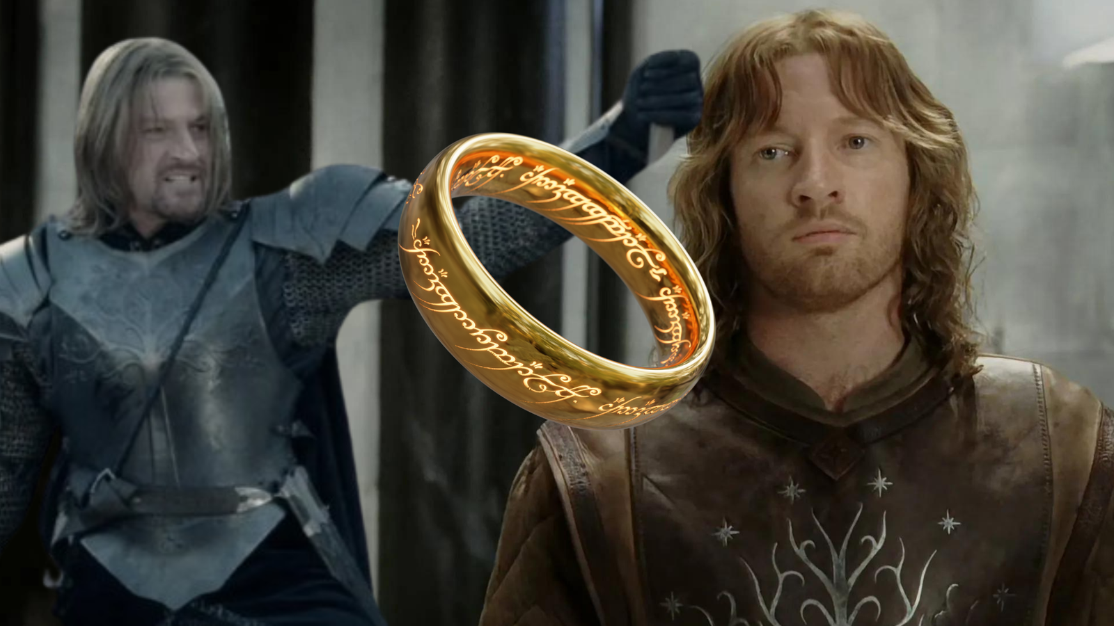 A feature image of Boromir raising his arm and Faramir with the One Ring in the center
