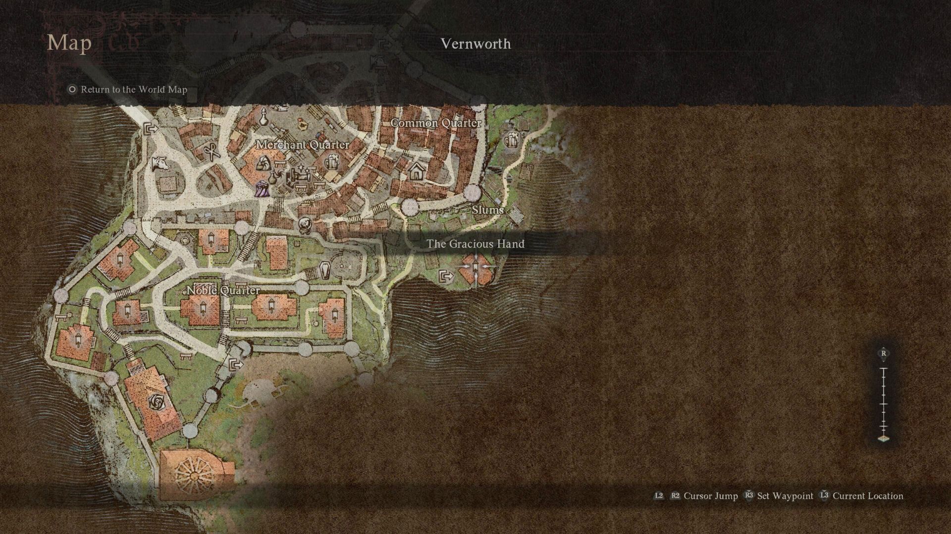 A map from Dragon's Dogma 2 showing the location of The Gracious Hand