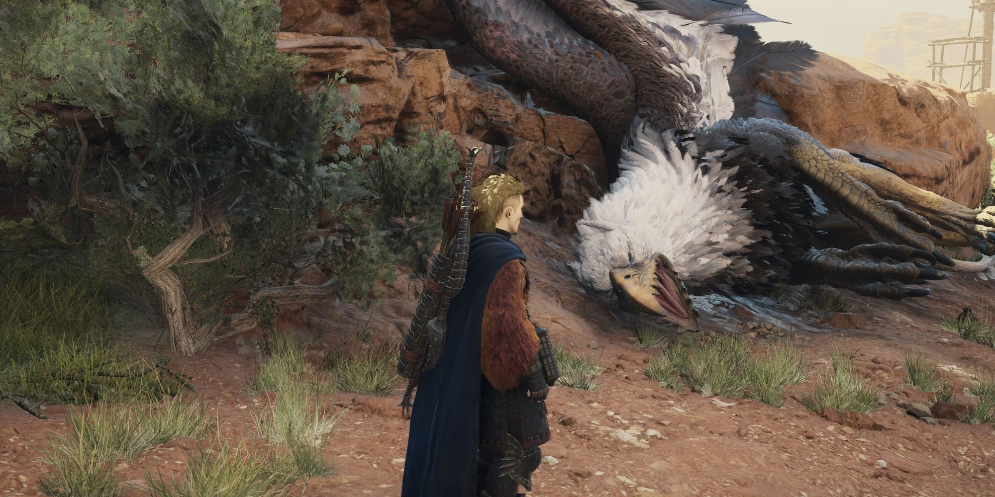 A player standing in front of a dead Griffin in Dragon's Dogma 2