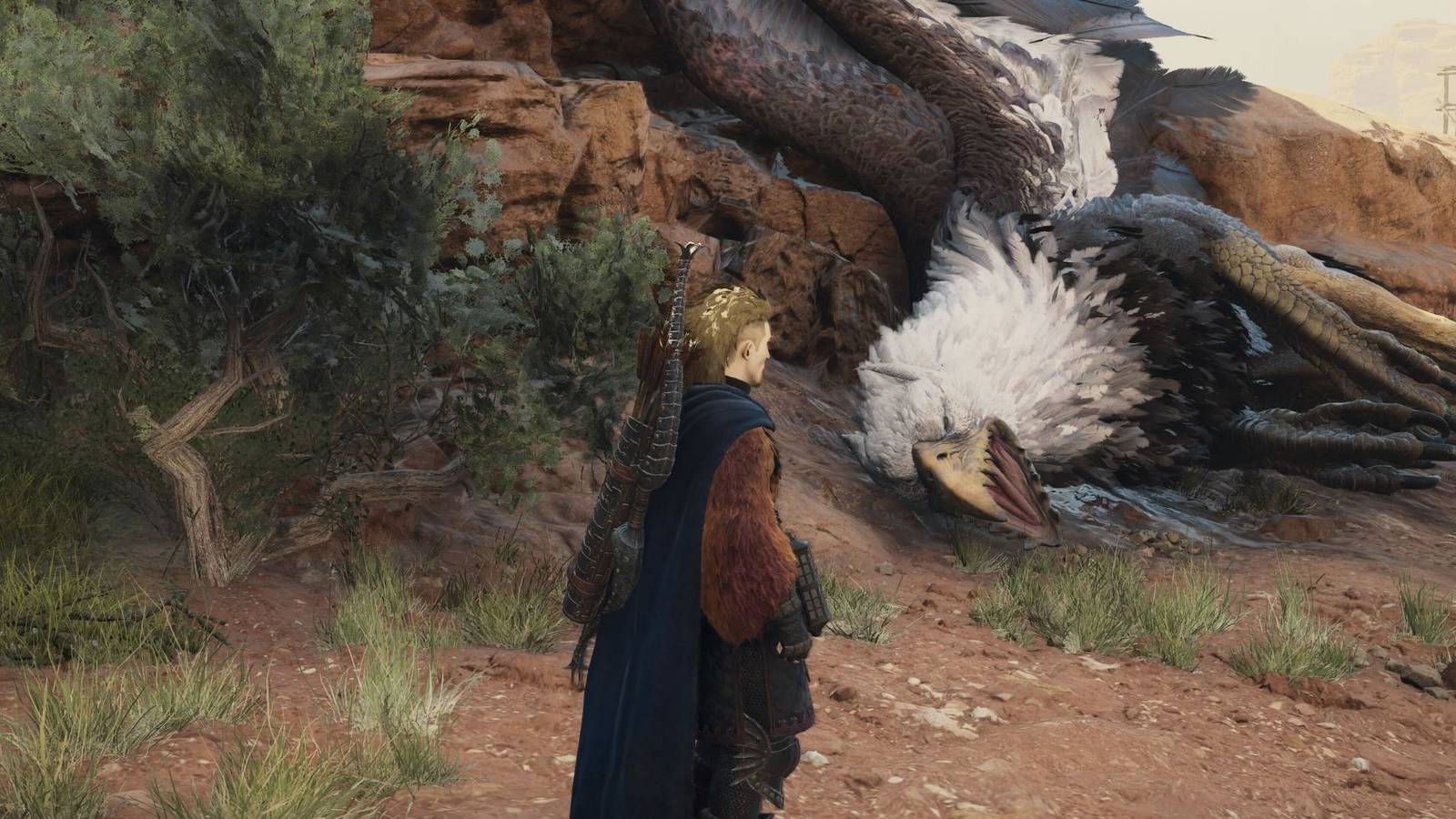 A player standing in front of a dead Griffin in Dragon's Dogma 2