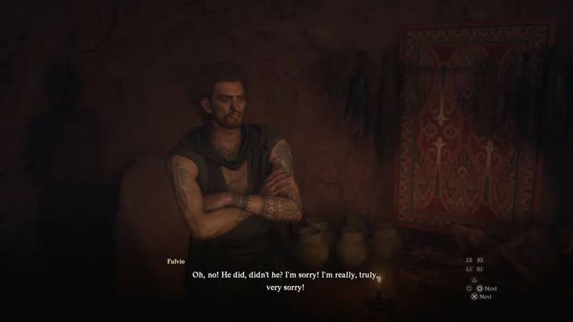 Fulvio from Dragon's Dogma 2 talking to the player