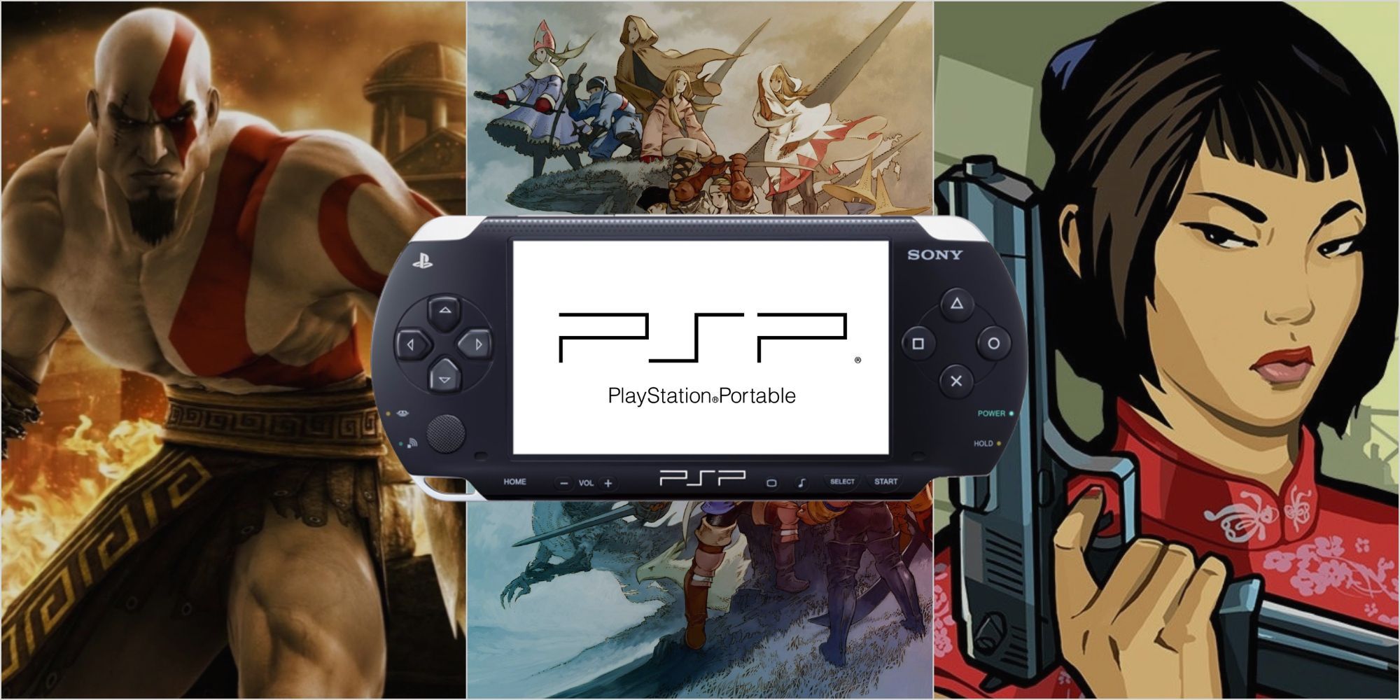 PSP against a backdrop of God Of War: Chains Of Olympus, Final Fantasy Tactics: The War Of The Lions, and Grand Theft Auto: Chinatown Wars