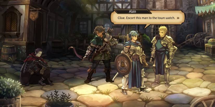 Handing over Gammel to the town watch in Unicorn Overlord