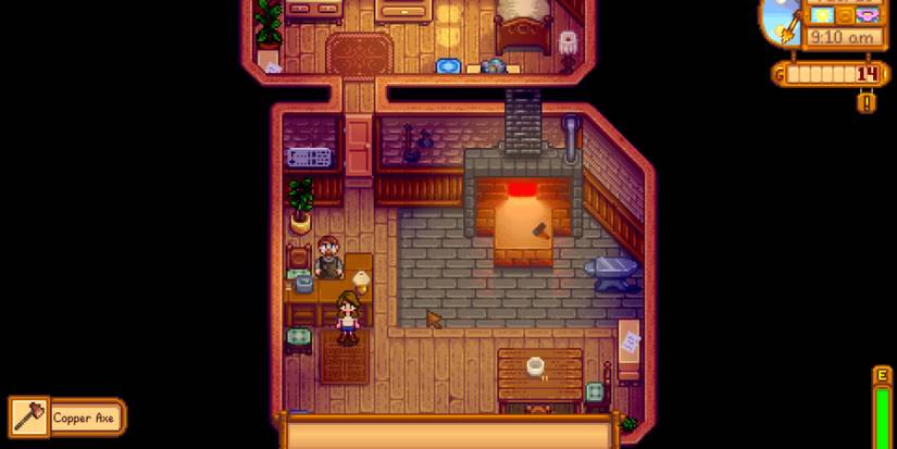 The player standing in the blacksmith with the copper axe newly in their inventory