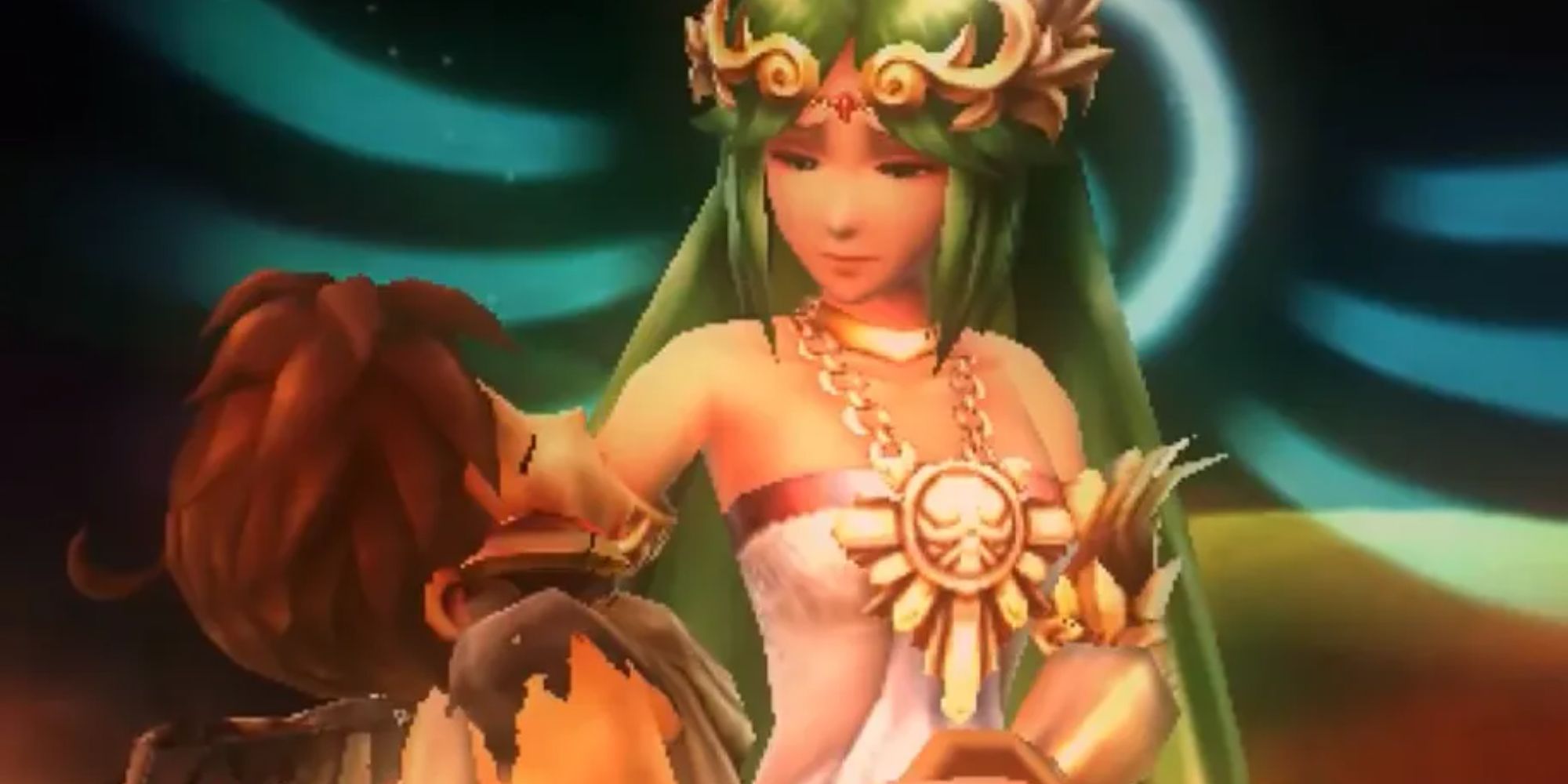 Palutena holding a weakened Pit