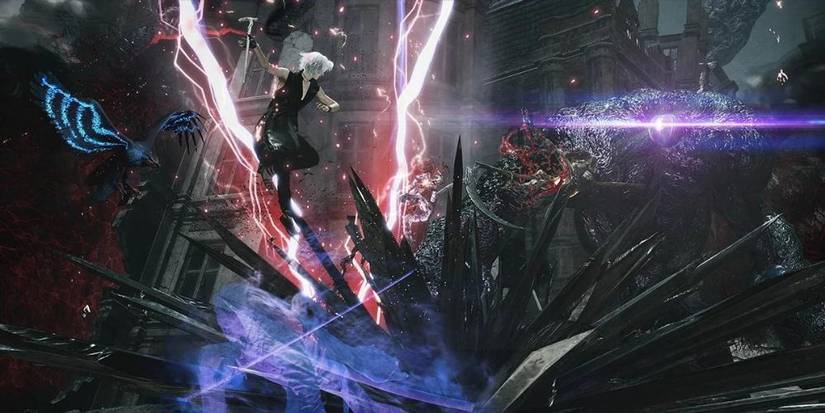 V fighting some demons alongside Griffon, Nightmare and Shadow.