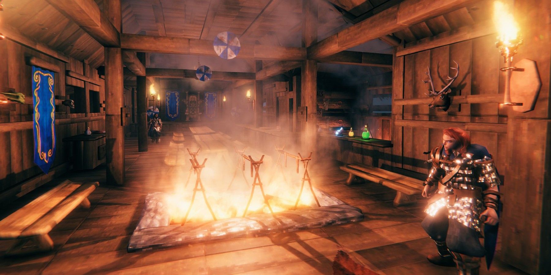 interior of a valheim home with several fires burning