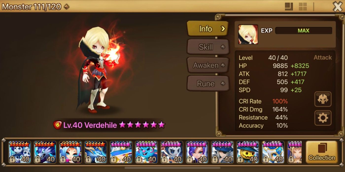The stats page of a level forty Verdehilde from Summoners War.