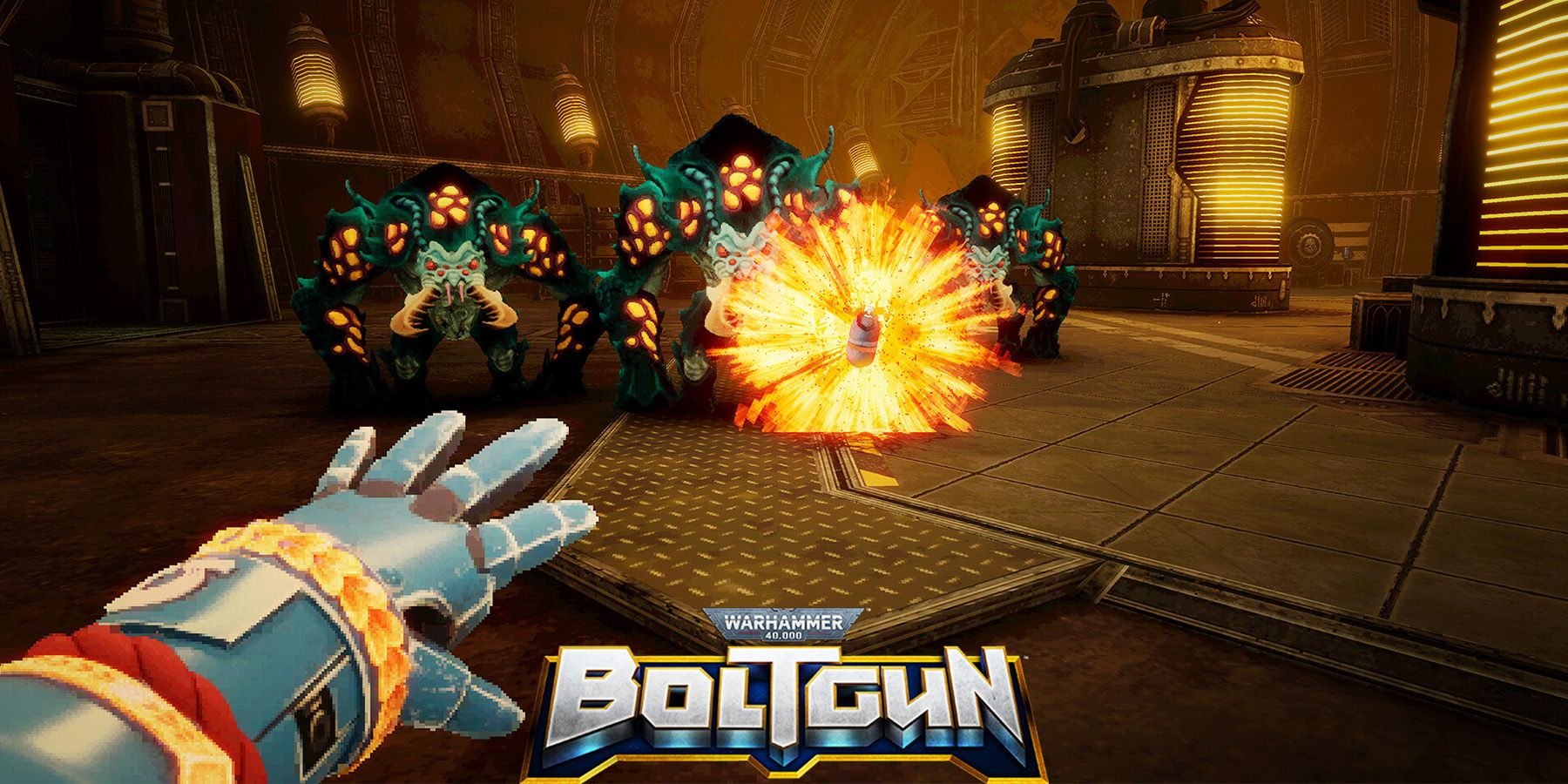 Warhammer 40k Boltgun grenade throw screenshot with game logo