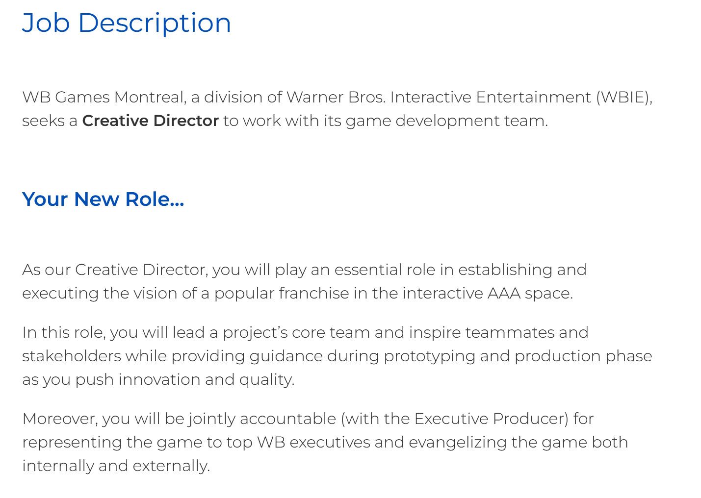 A screenshot of a job listing at WB Games Montreal for a Creative Director.